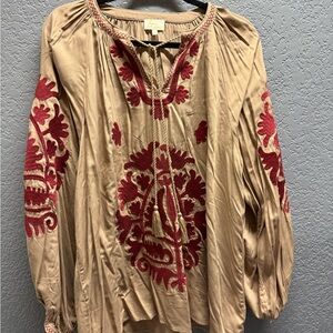 Boho Embroidered Peasant Blouse - Beige with Red Accents